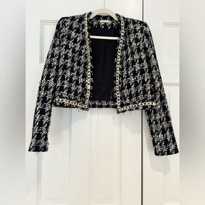 Alice + Olivia Black and White Cropped Tweed Blazer